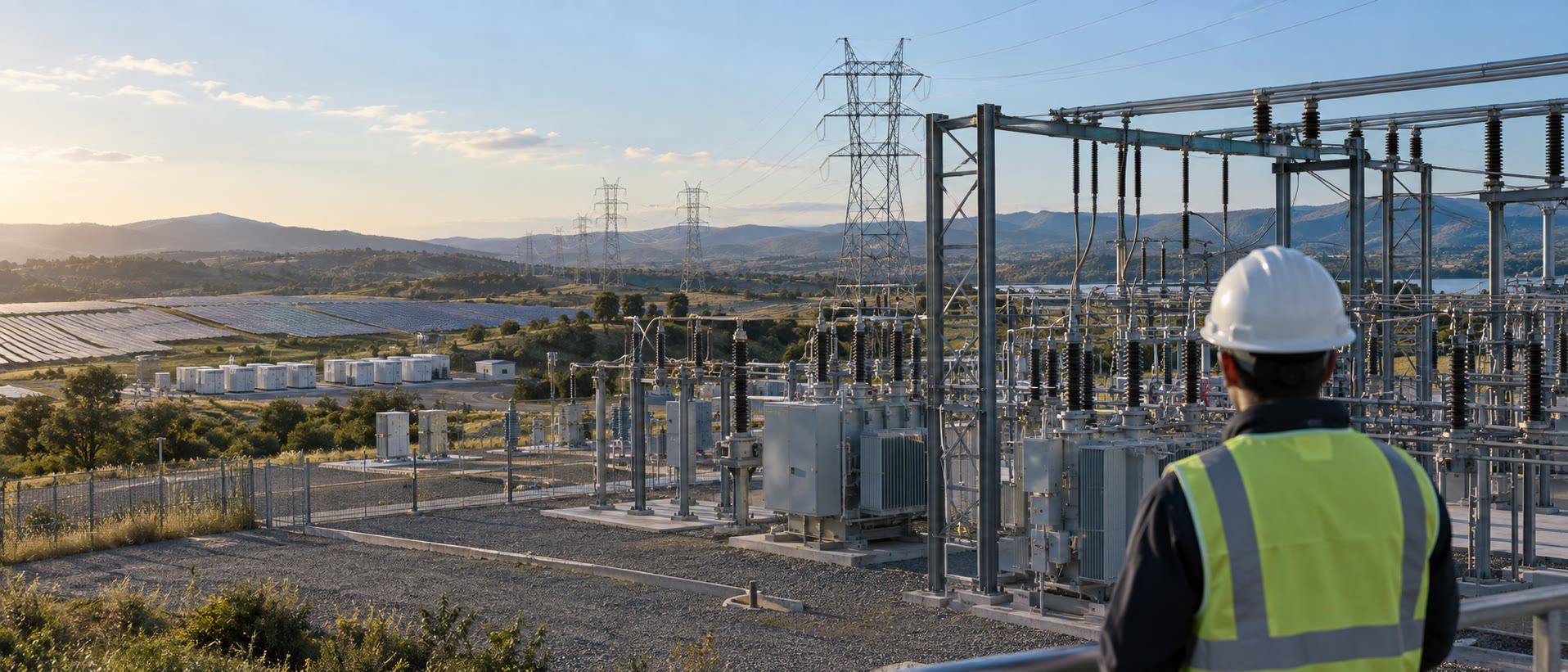 Illustrative photograph of a utility engineer overlooking a modern electric substation, transmission corridor, and solar-and-storage site.