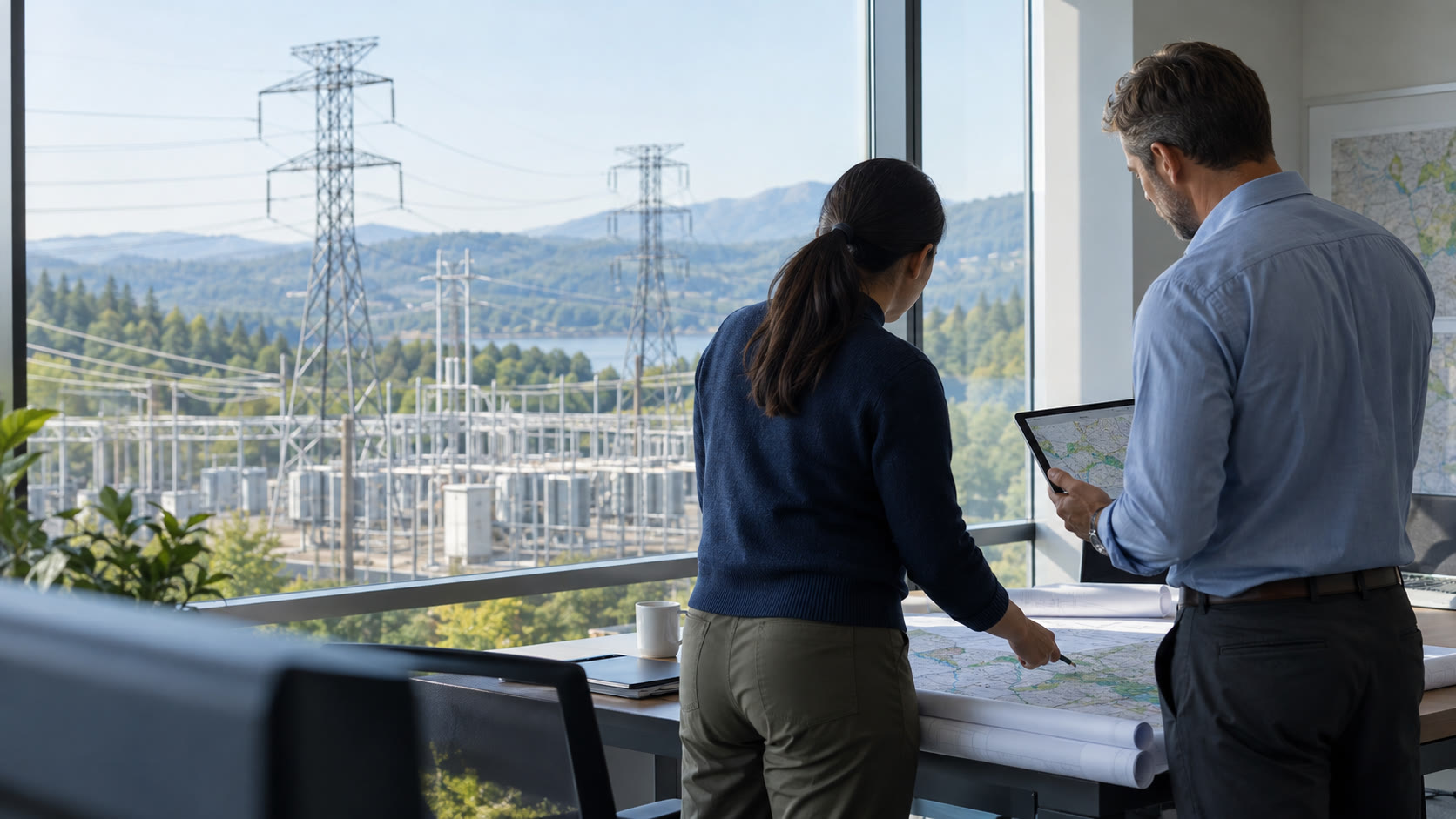 Two utility-planning engineers review a network map beside a window overlooking a transmission corridor and substation.