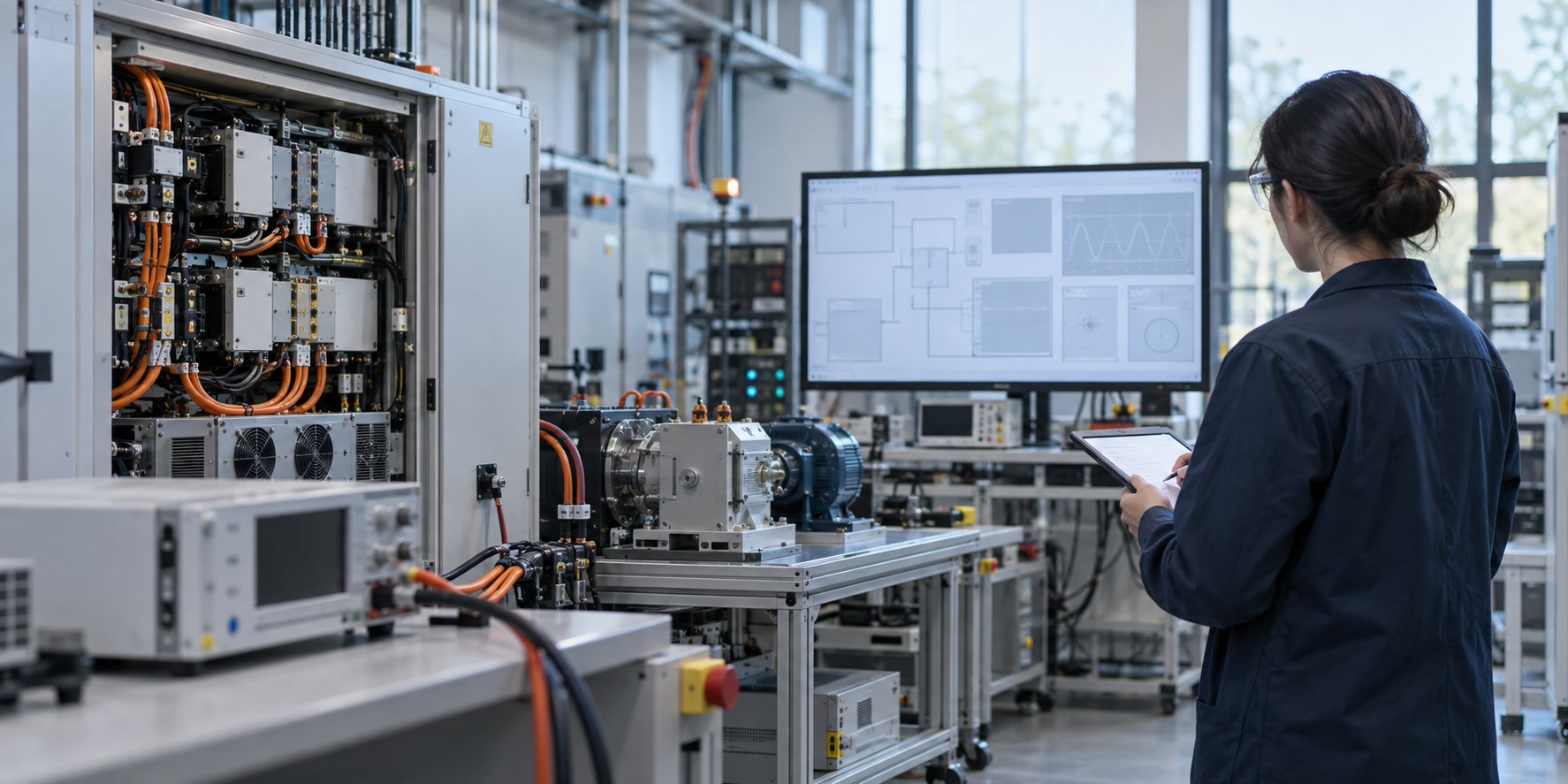 An engineer reviews a power-electronics hardware-in-the-loop test bench in a modern laboratory.